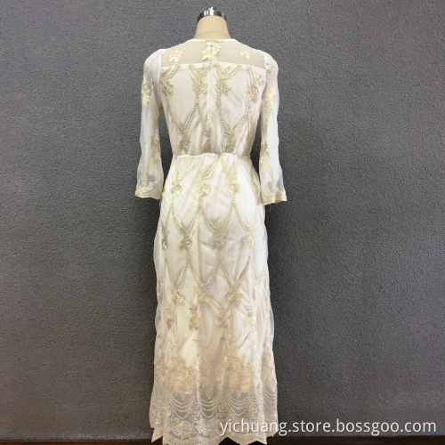 Women's polyester gold flower embroidery long dress